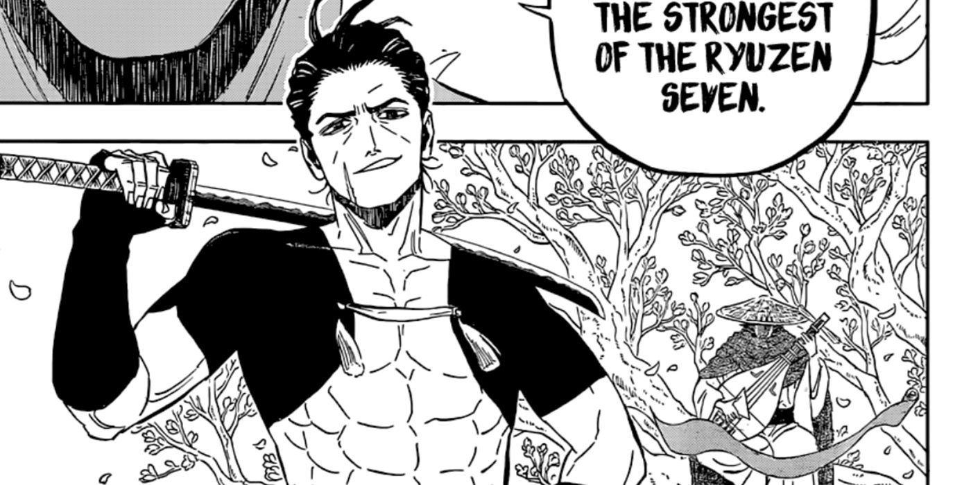 Yosuga Musyogatake standing with his sword on his back in Black Clover.