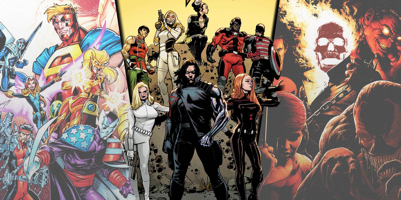 Split image of three different Thunderbolts teams led by Citizen V, Revolution and Red HUlk