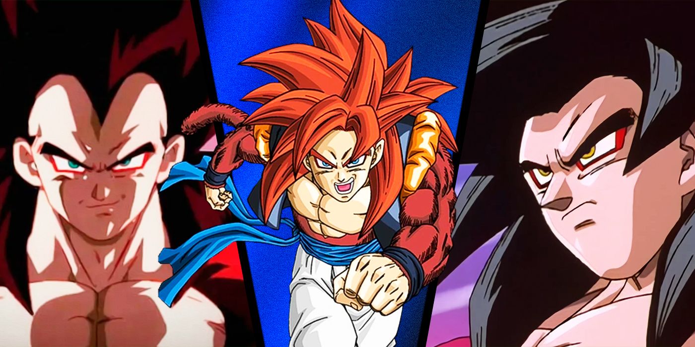 Super Saiyan 4 Goku left, Super Saiyan 4 Vegeta right, Super Saiyan 4 Gogeta middle from Dragon Ball GT