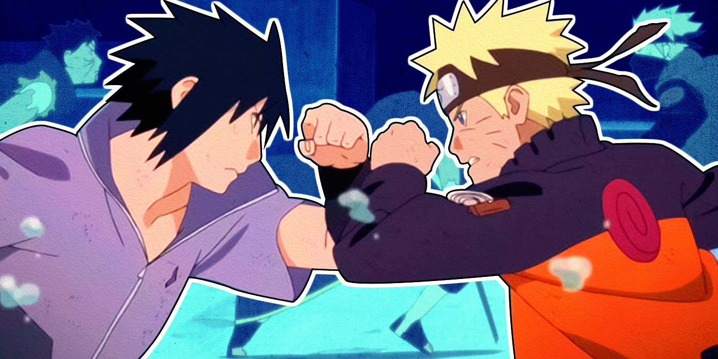 Naruto vs. Sasuke with Obito and Kakashi fighting in the background