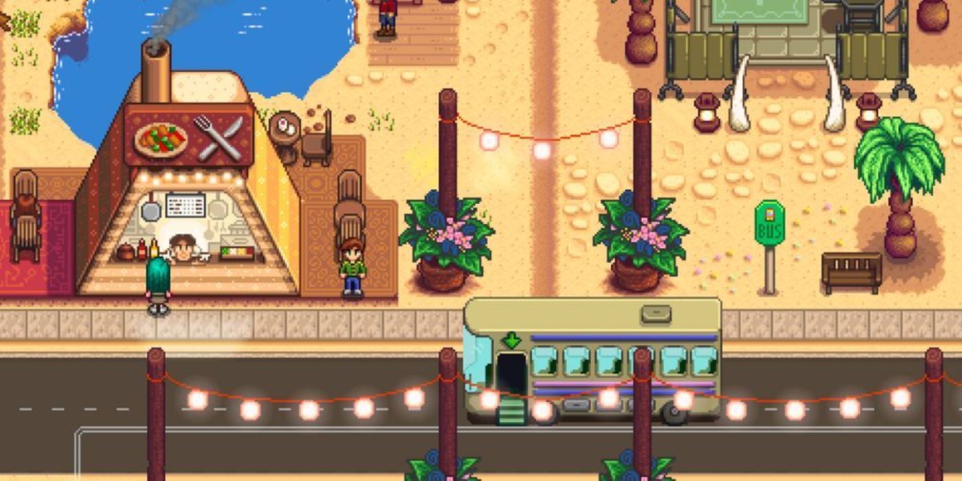 Um close do estande do chef no Desert Festival em Calico, em Stardew Valley.