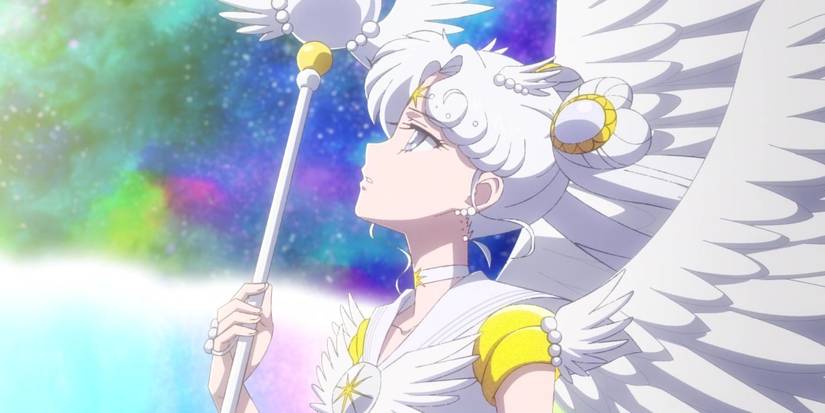 A close -up of Sailor Cosmos looking up in the cosmos of Sailor Moon Anime.