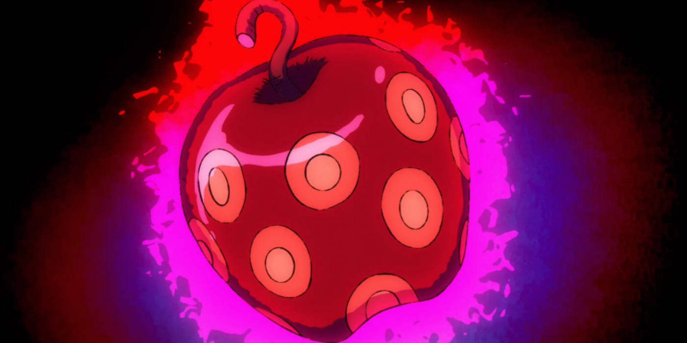 A SMILE Fruit is being shown with an intimidating aura surrounding it during One Piece's Wano Country Arc.