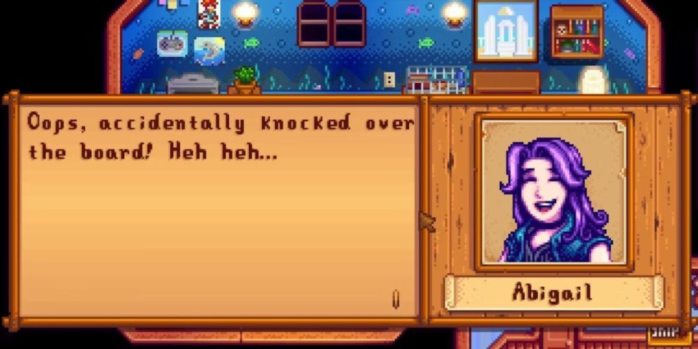 Abigail jogando ouija em seu evento de oito corações em Stardew Valley.