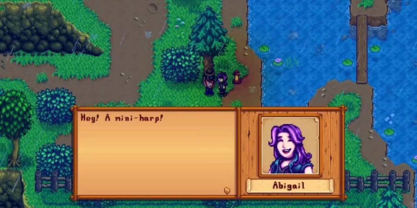 Abigail está feliz durante seu evento de quatro corações em Stardew Valley.