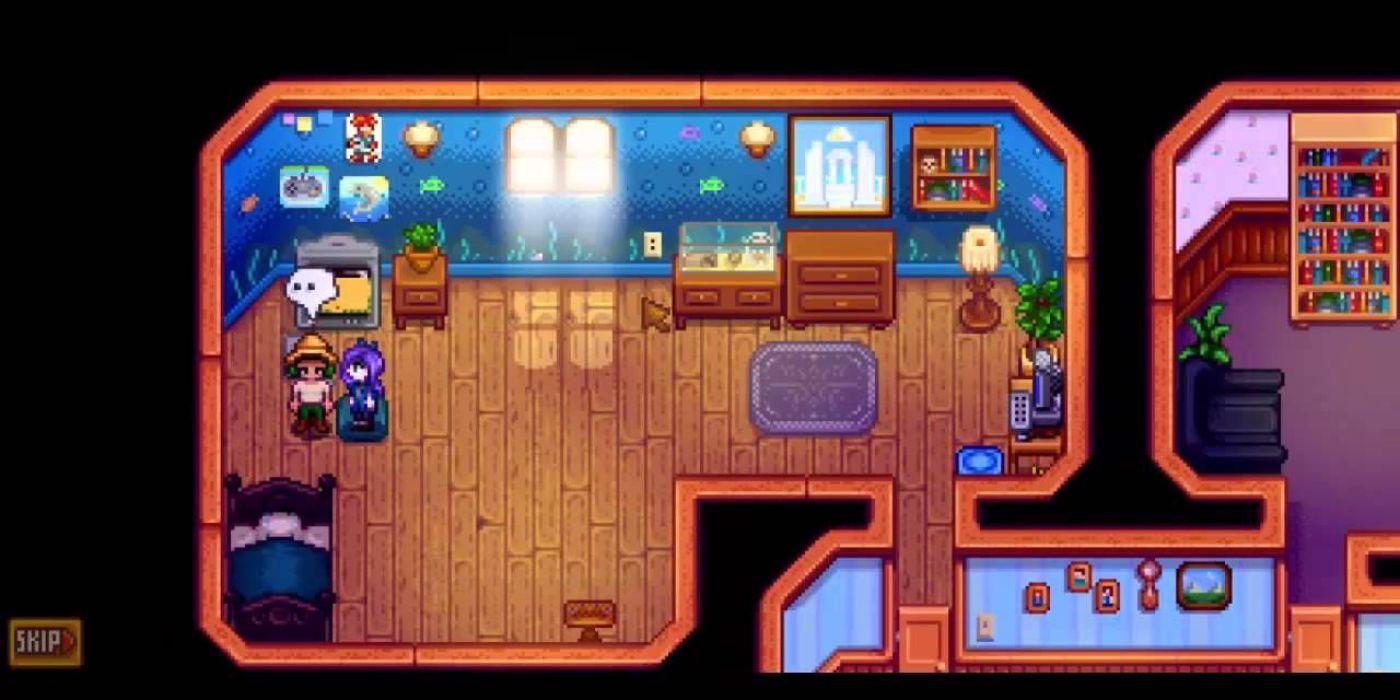 O jogador fica com Abigail em seu quarto durante seu evento de dois corações em Stardew Valley.