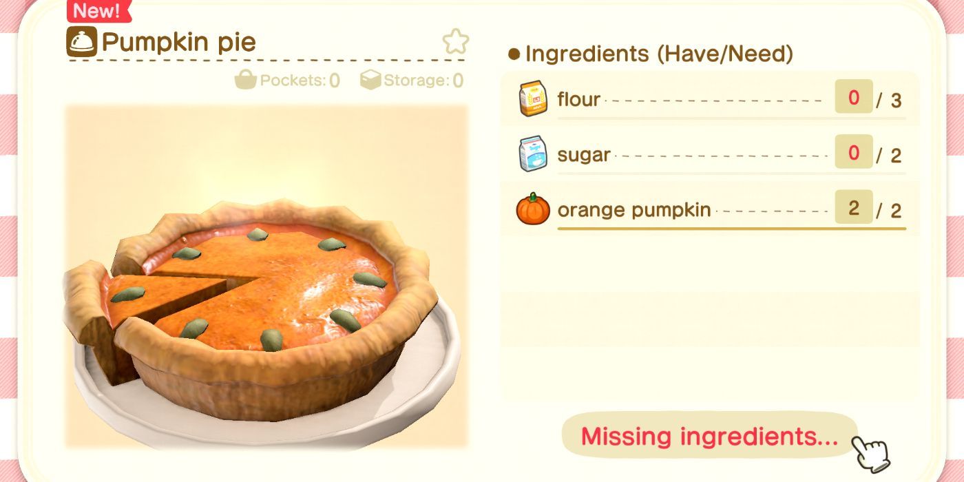 O cartão de receitas de Torta de Abóbora em Animal Crossing: New Horizons.