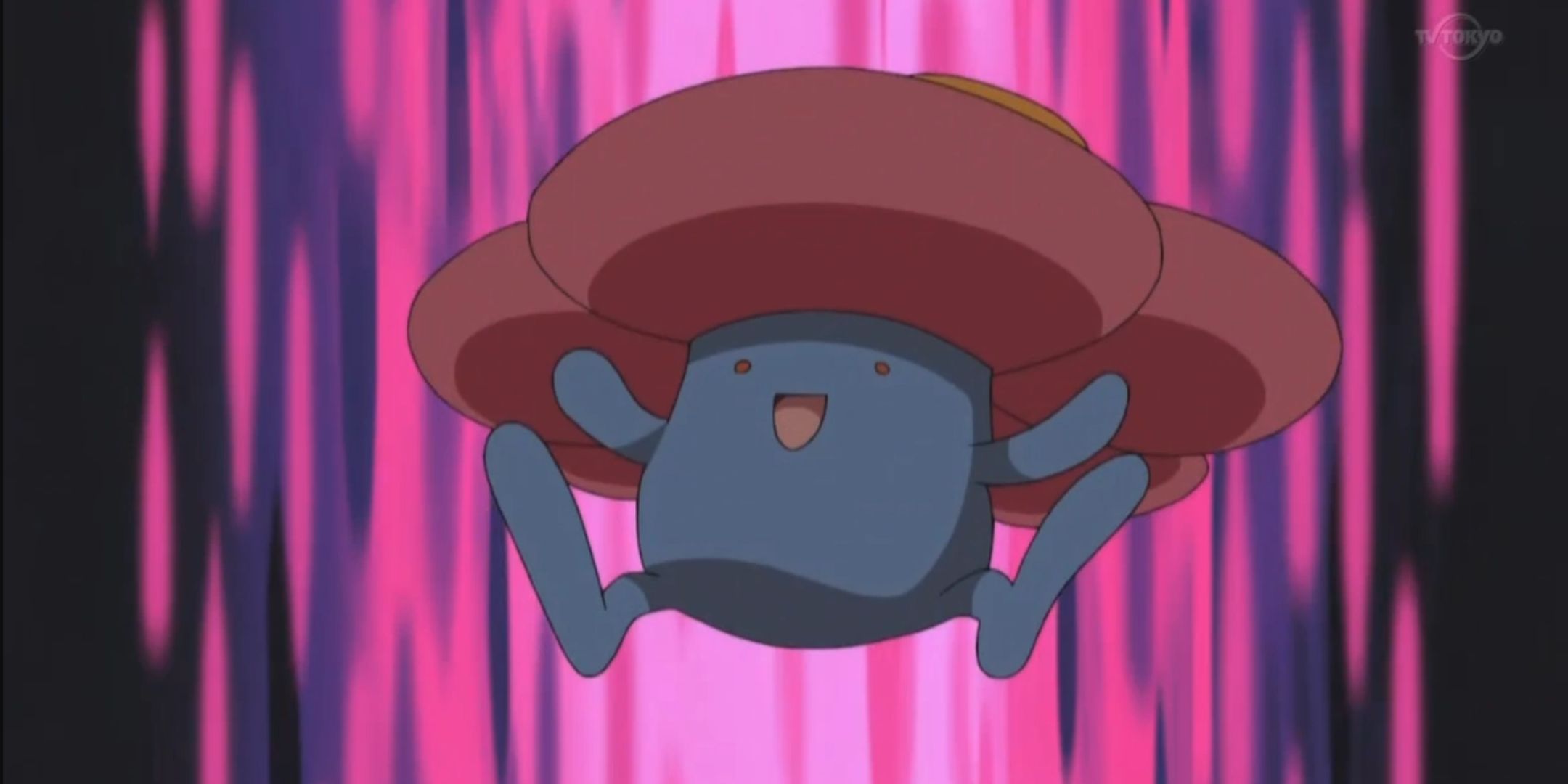 Um animado Vileplume salta alegremente contra um fundo rosa e preto do Pokémon