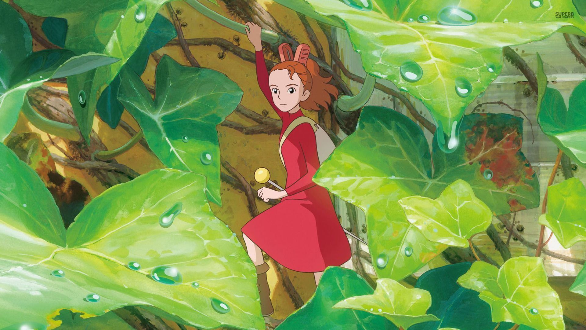 Arrietty climbs a wall of ivy in Arrietty a Studio Ghibli Film