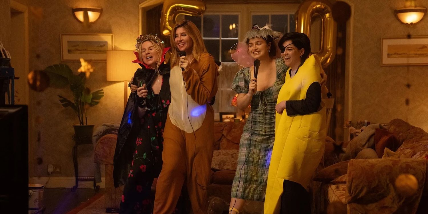 Ursula (Eva Birthistle), Eva (Sharon Horgan), Becka (Eve Hewson) and Bibi (Sarah Green) wear silly pajamas and do karaoke in Eva's house.