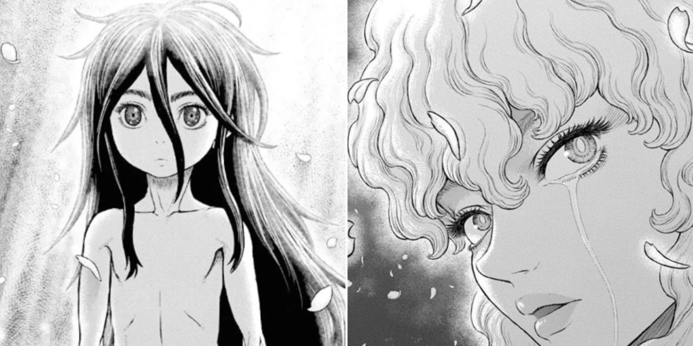 Uma imagem dividida dos painéis Berserk apresentando Moonlight Boy e Griffith.