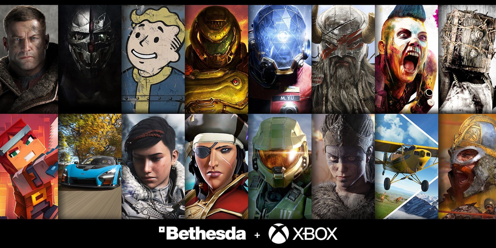 Bethesda ve Xbox Birleşme Promosyonu Materyali Her iki varlığın mülklerinden karakterleri gösteriyor.