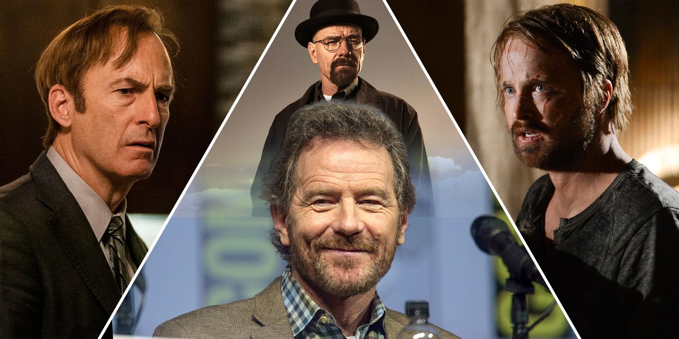 Bryan Cranston in front of Walter white front and center. Saul goodman on the left and Jesse pinkman on the right