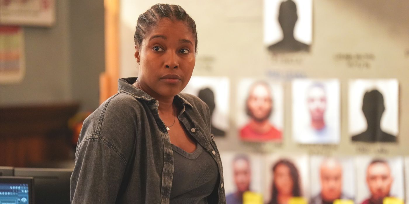 Kiana Cook, played by actor Toya Turner, in a gray jacket in front of a whiteboard on Chicago PD