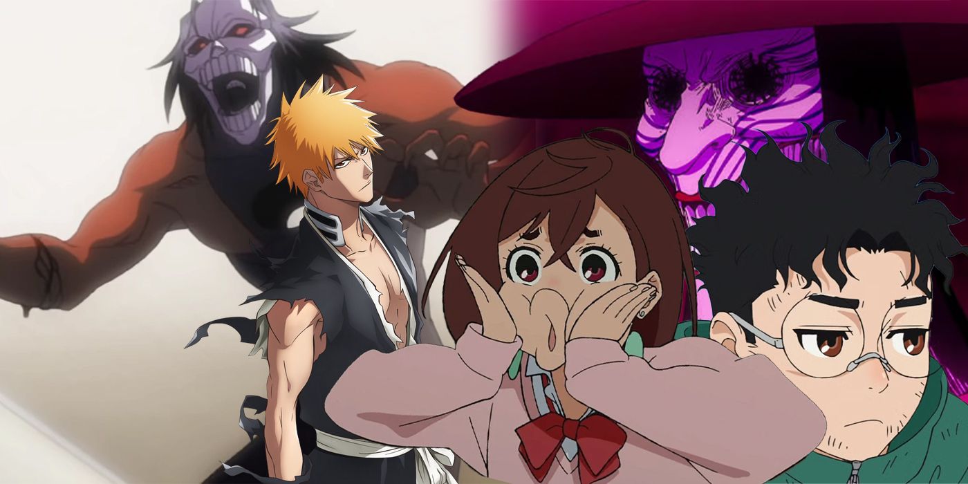 Fundo Acrobático Silky de Dandadan e Acidwire de Bleach. Okarun e Momo (direita), Ichigo (esquerda) em primeiro plano