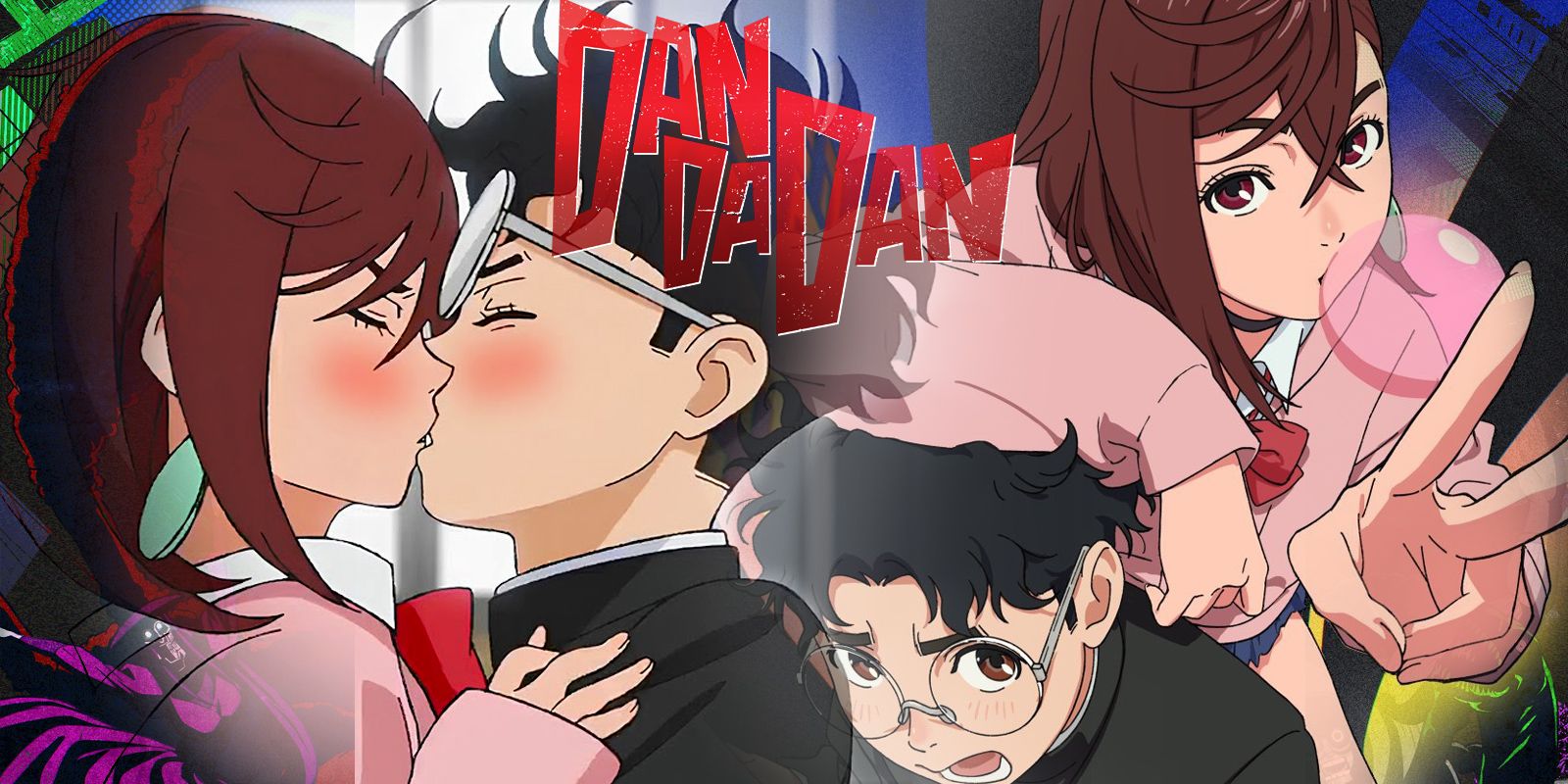 Momo and Okarun Kissing on the left and posing on the right in Dandadan