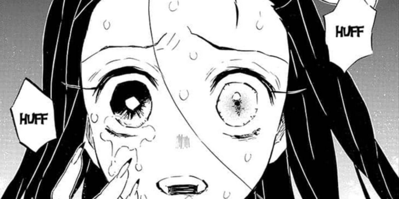 Nezuko en Demon Slayer Capítulo 195 llorando con rasgos faciales mitad demonio, mitad humano.