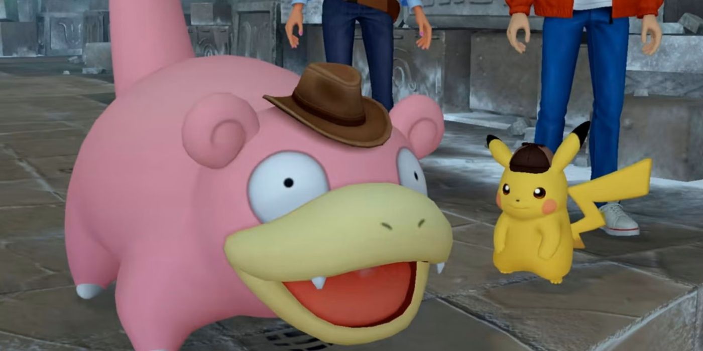 Um Slowpoke com um olhar vazio ao lado de Pikachu em Detetive Pikachu Returns.