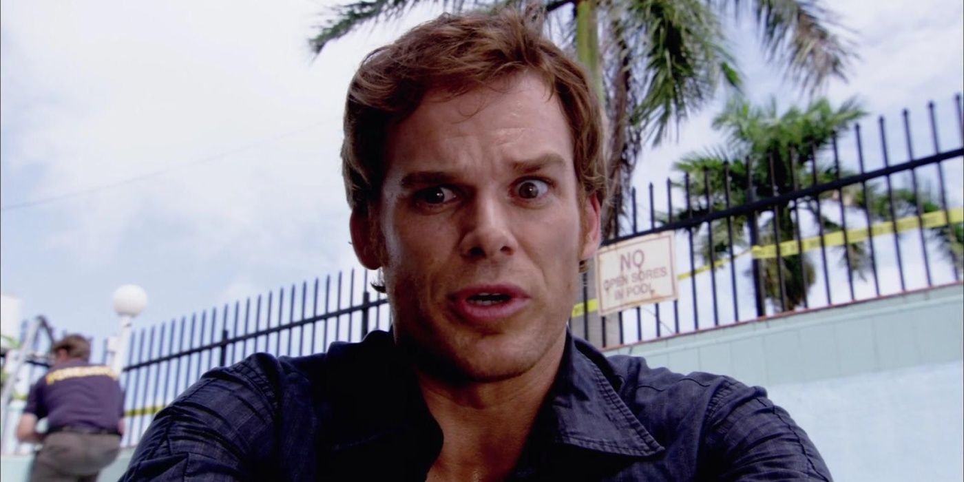 Dexter looking at a crime scene funnily in Dexter