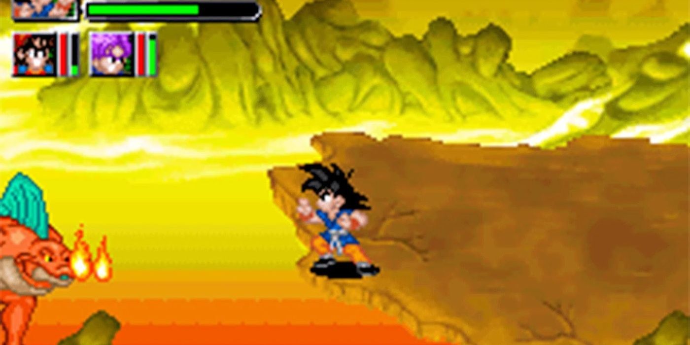 Dragon Ball GT: Jogabilidade de transformação com Goku em um nível vulcânico.