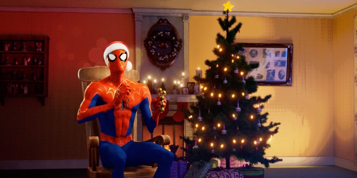 O Homem-Aranha posa ao lado de uma árvore de Natal para Um Natal Muito Aranha.