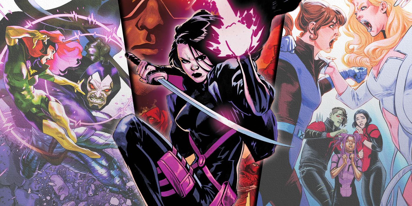 Split image of Phoenix fighting Perrikus with Psylocke and the Exceptional X-Men