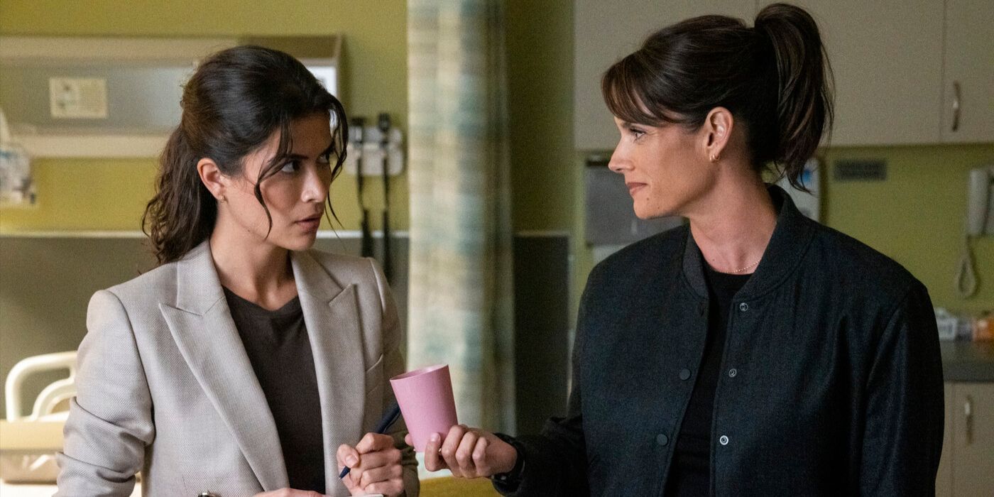 Maggie (Missy Peregrym) hands a pink cup to a confused Sydney (Lisette Olivera) in FBI Season 7