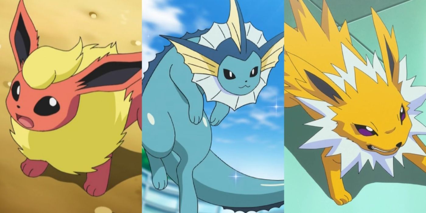 Imagem dividida de Flareon, Vaporeon e Jolteon do anime Pokémon.