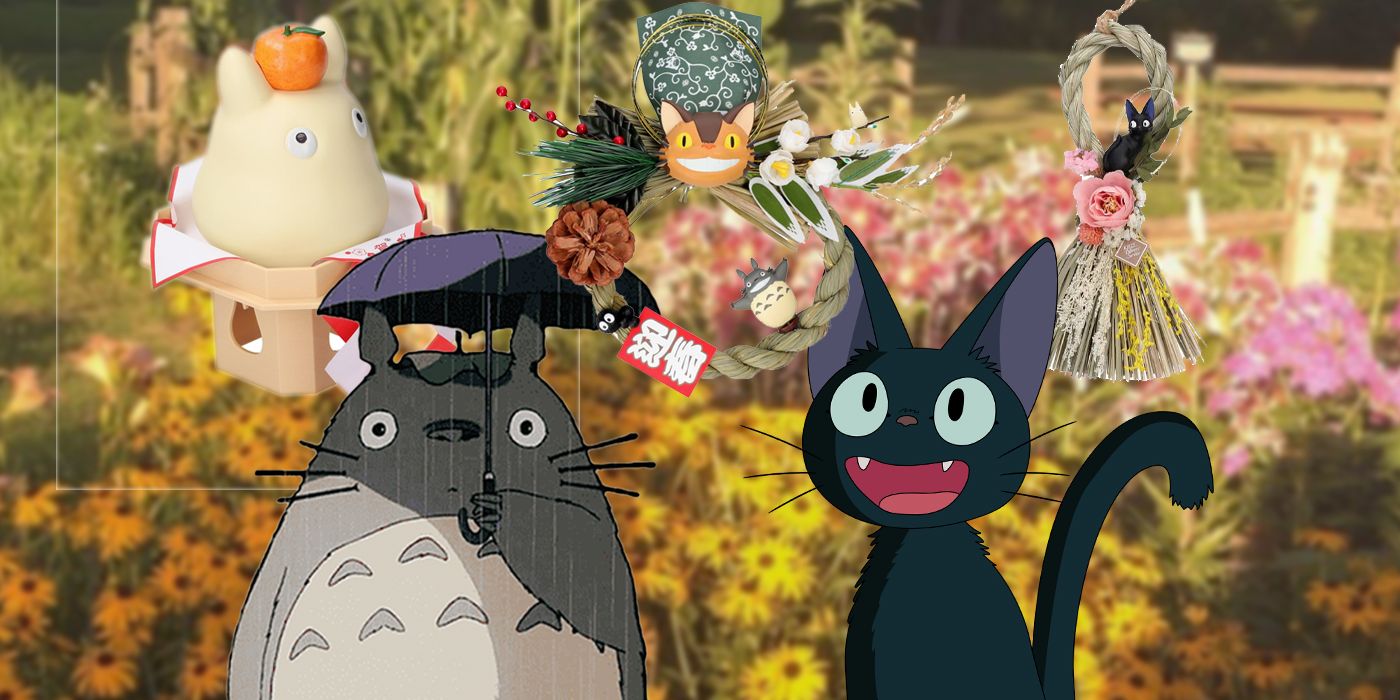 Studio Ghibli's Totoro and Jiji, Kiki's cat, with 2025 New Year decorations