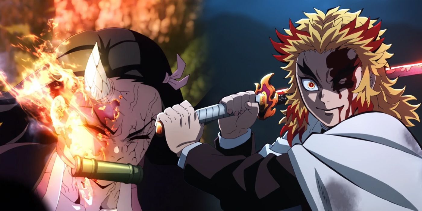 Nezuko nearly burned to death (left) and Rengoku injured holding the sword (right) Demon Slayer