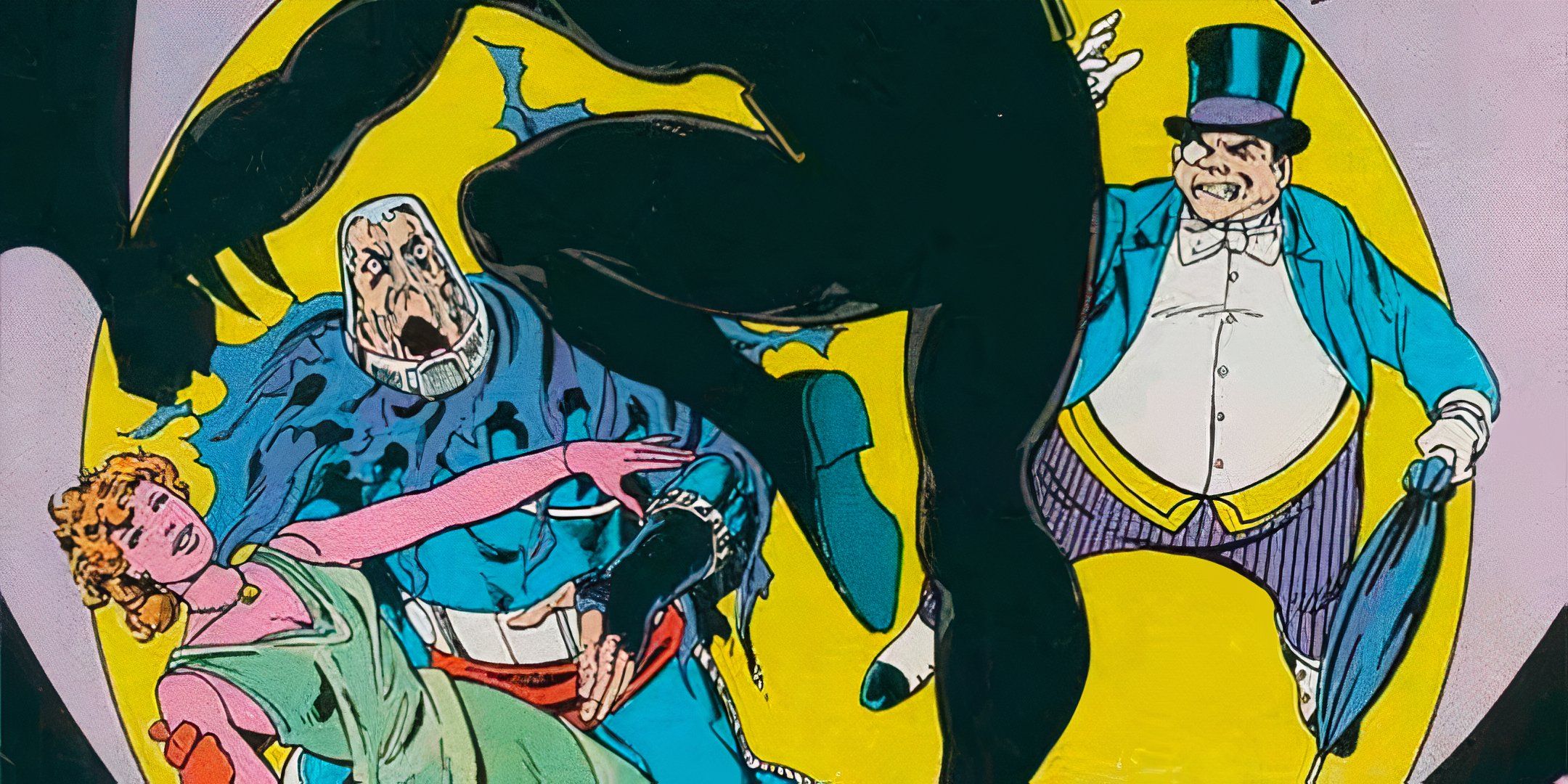 Batman is in the foreground, leaping upon Clayface and Penguin, as Clayface holds 