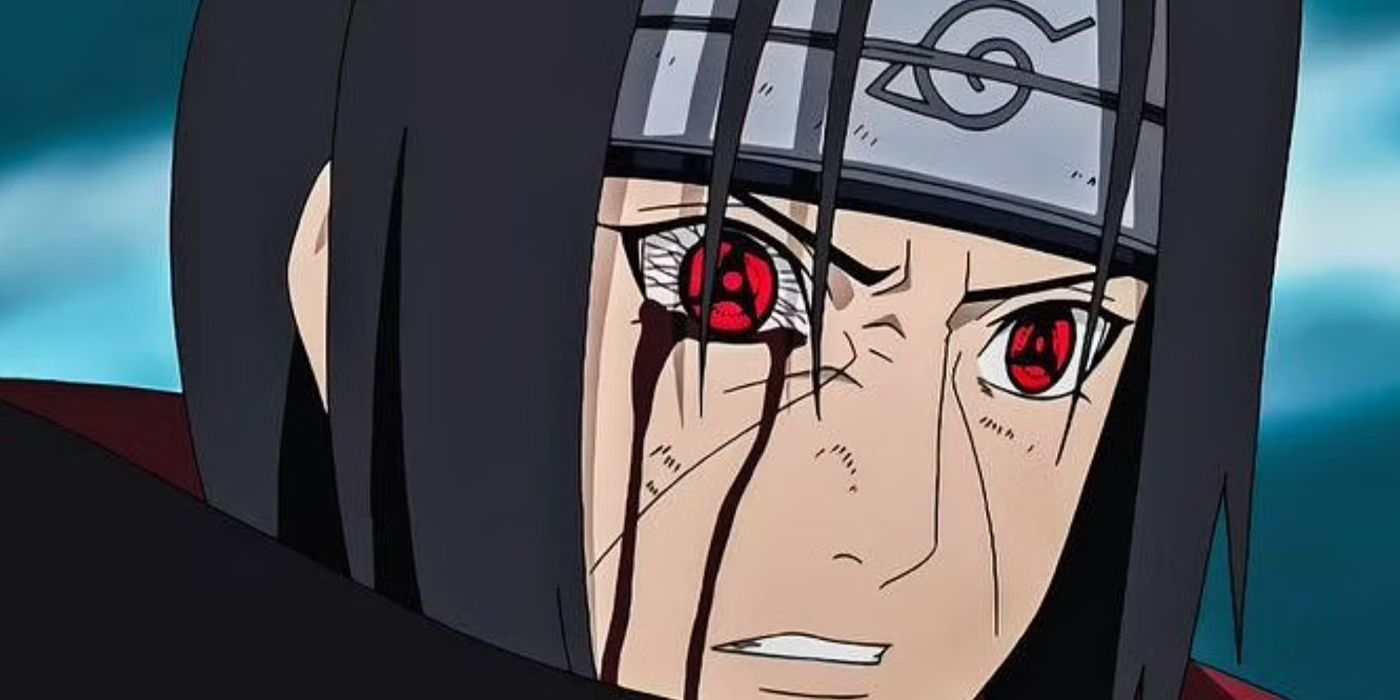 Itachi Uchiha with his active mangekyo Sharingan and bleeding eyes