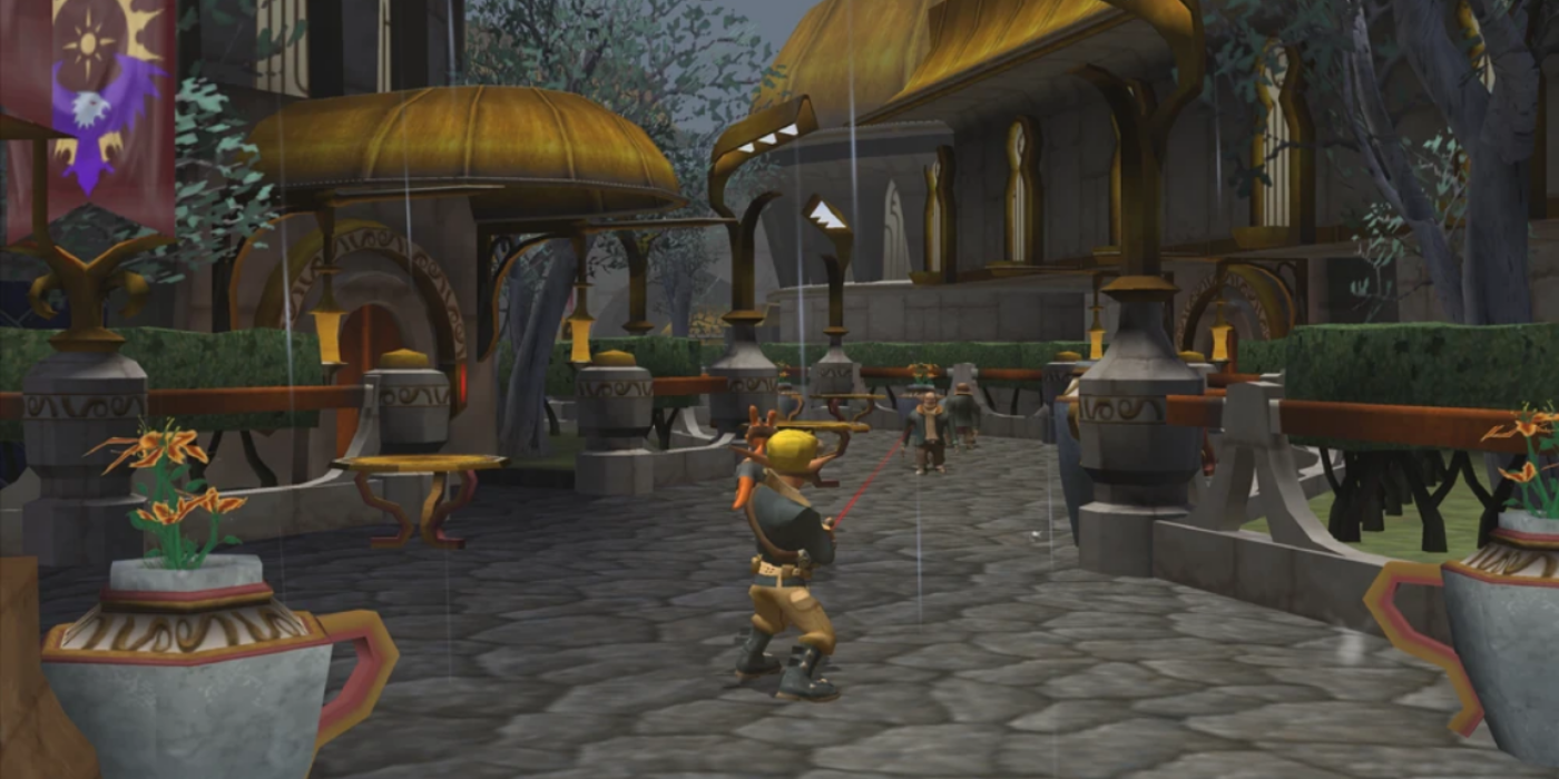 Jak e Daxter estão na chuva em Aeropa em Jak and Daxter: The Lost Frontier.