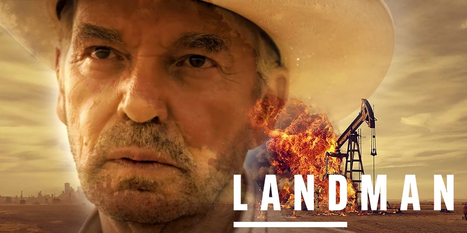 A close-up of Billy Bob Thornton as Tommy Norris next to the Landman TV show poster