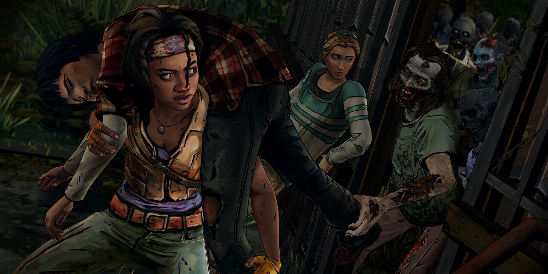 Paige mantém uma porta fechada, impedindo que os caminhantes se libertem, enquanto Michonne carrega Samantha Fairbanks ferida para um local seguro em The Walking Dead: Michonne da Telltale