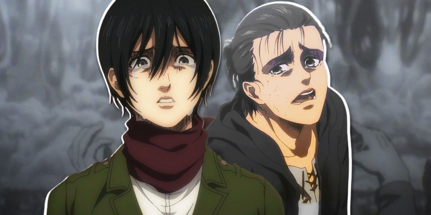 Mikasa and Eren from the Attack on Titan anime looking upset