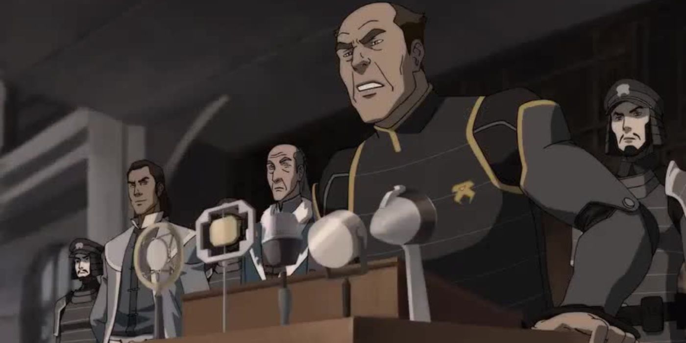 Saikhan gives an impassioned speech after becoming Chief of police in the Legend of Korra.