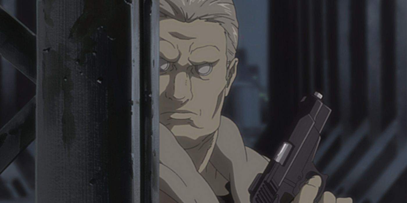 Batou hides behind a steel pillar with his gun drawn in Ghost in the Shell: Stand Alone Complex.