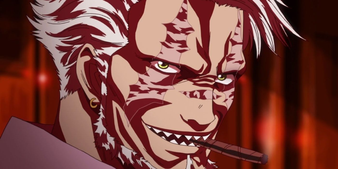 Wolf Daddy smiles at his son while smoking a cigar in the Blood Lad anime.