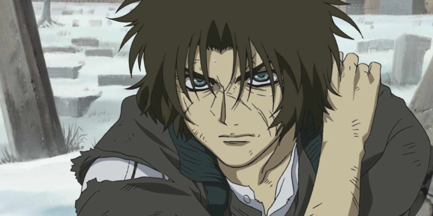 Kiba looks battered and injured in his human form in the Wolf's Rain anime.