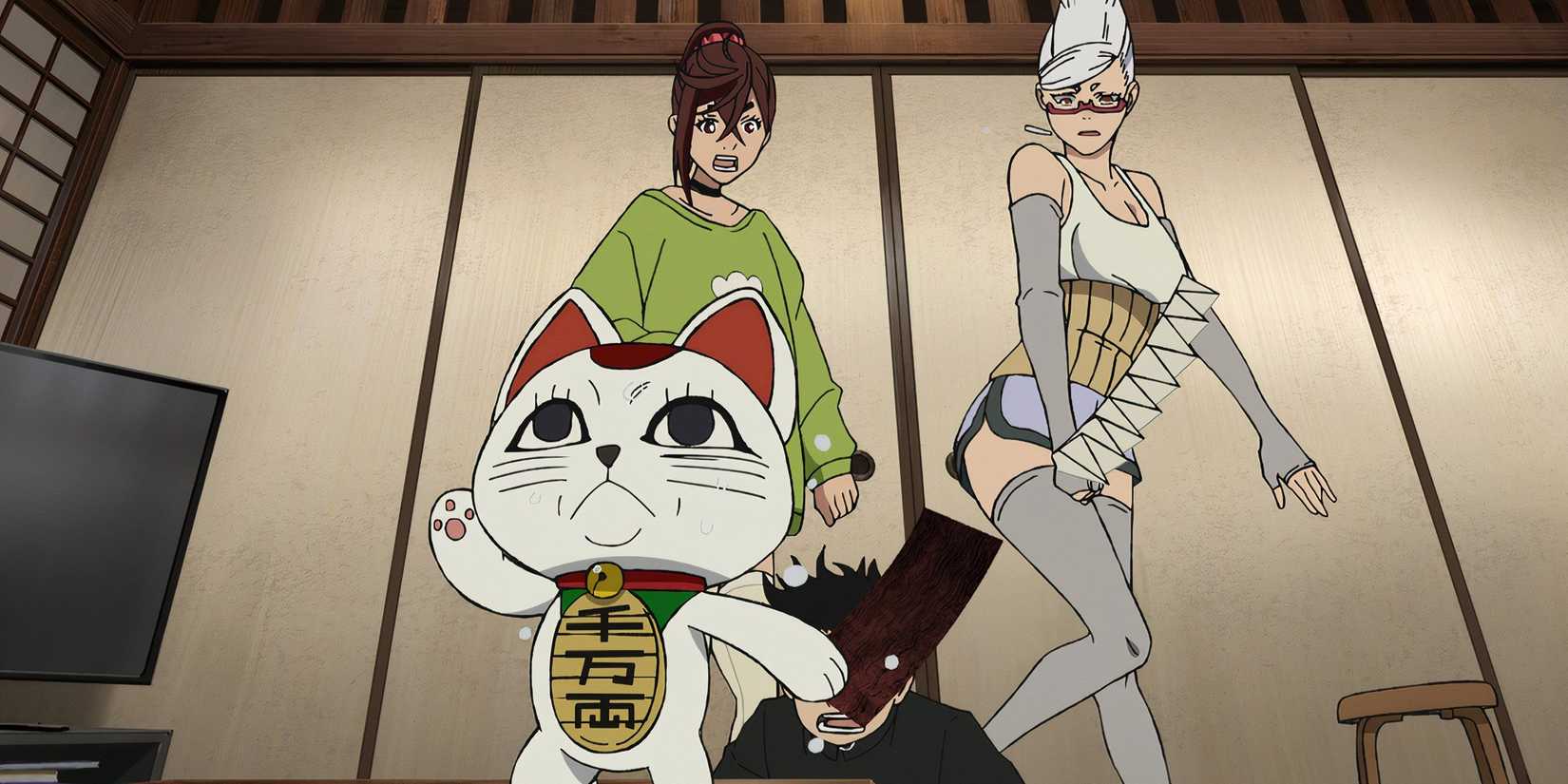 Turbo Granny in a cat doll runs from Momo, Okarun, and Seiko in Dandadan Episode 5