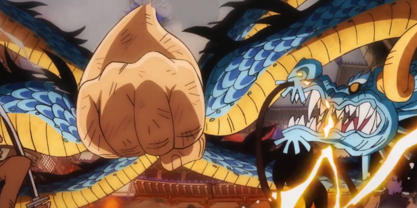 One Piece'in Wano Country Arc'ı sırasında Monkey D. Luffy, Kaido'yu yakalayıp Onigashima'nın çatısına geri çekiyor