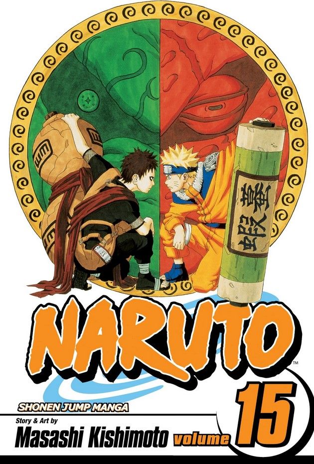 A arte da capa do Naruto Manga Volume 15 retrata Naruto e Gaara espelhados, ignorados pelos olhos de Shukaku e Gamakichi