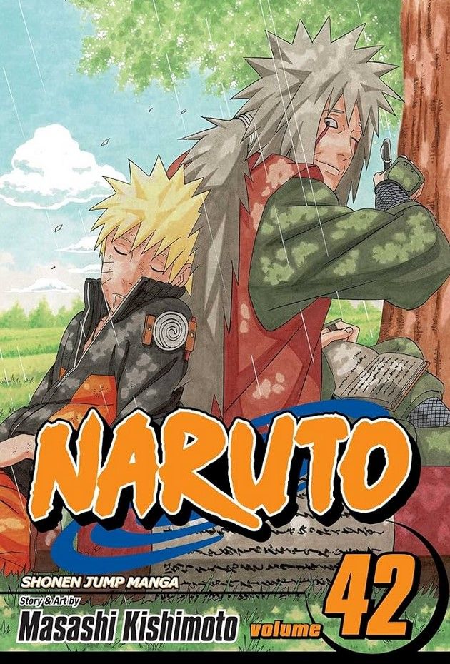 A arte da capa do Naruto Manga Volume 42 mostra Naruto cochilando nas costas de Jiraiya, sob a sombra de uma árvore