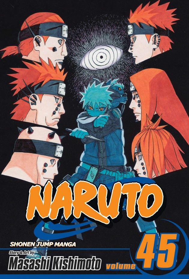 A arte da capa do Naruto Manga Volume 45 retrata um Naruto do Modo Sábio flanqueado por perfis dos Caminhos da Dor e sob o olhar do Rinnegan de Nagato