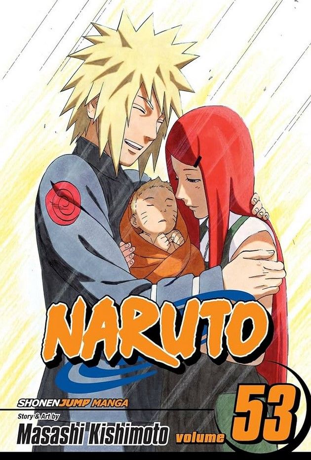 A arte da capa do Naruto Manga Volume 53 retrata um Naruto infantil com seus pais Minato e Kushina