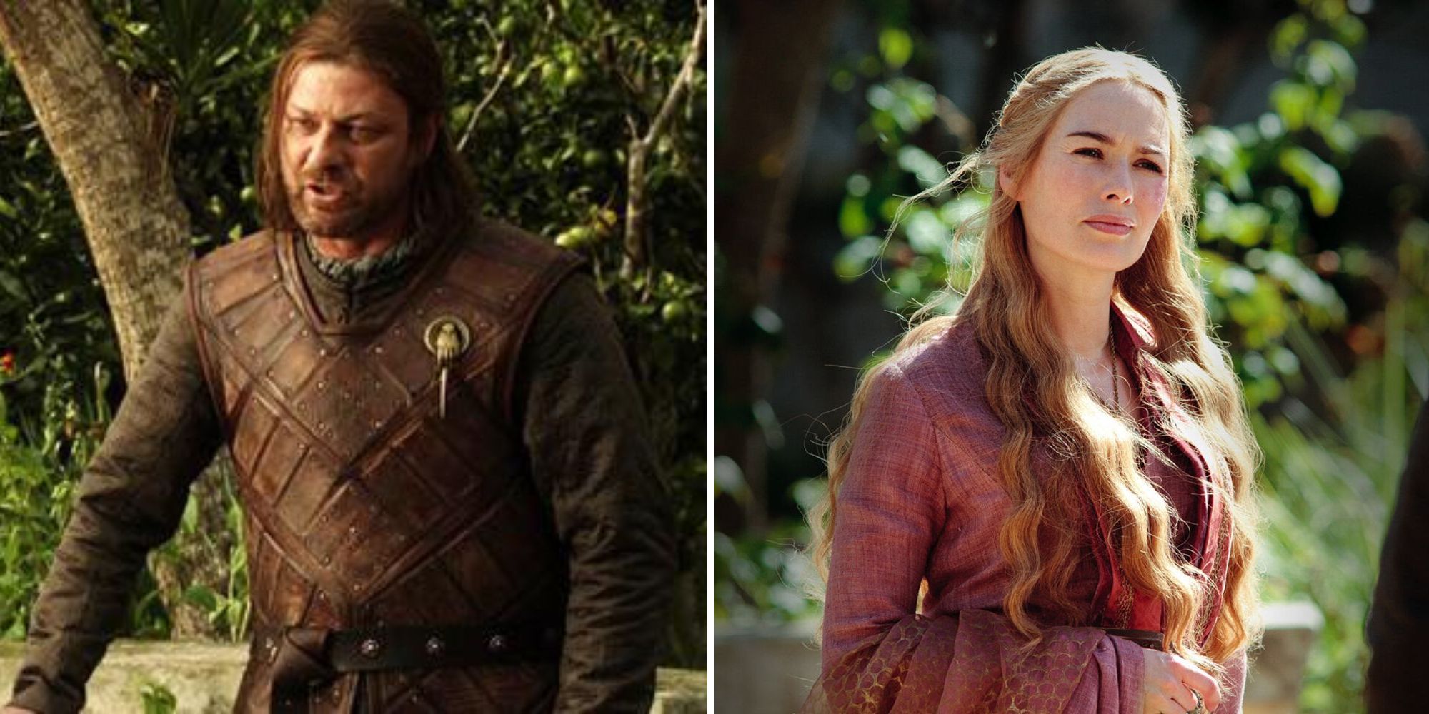 Uma imagem dividida de Ned Stark e Cersei Lannister conversando em um jardim em Game of Thrones