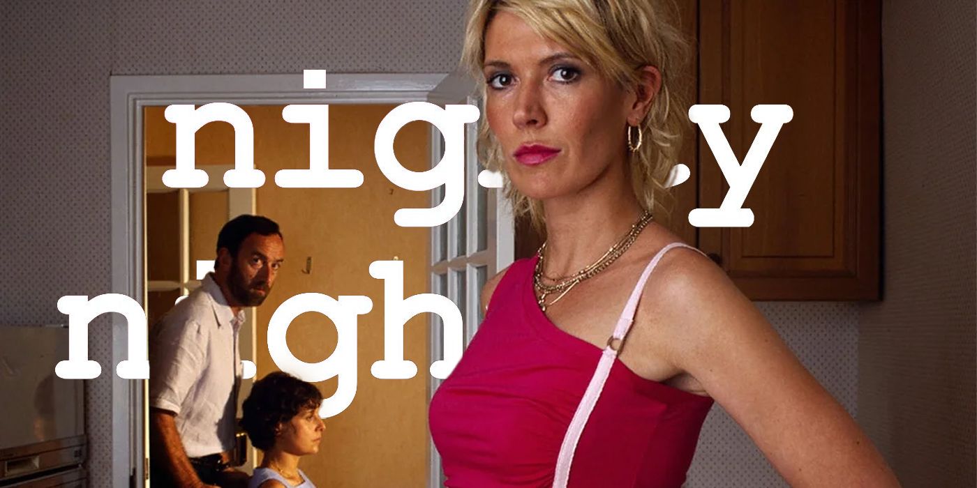 Julia Davis as Jill Tyrell in nighty night (foreground), Nighty Night Text in the background.