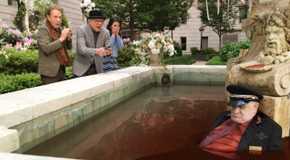 Oliver, Charles, and Mabel are horrified looking at Teddy dead in bloody water in the fountain in Only Murders in the Building.