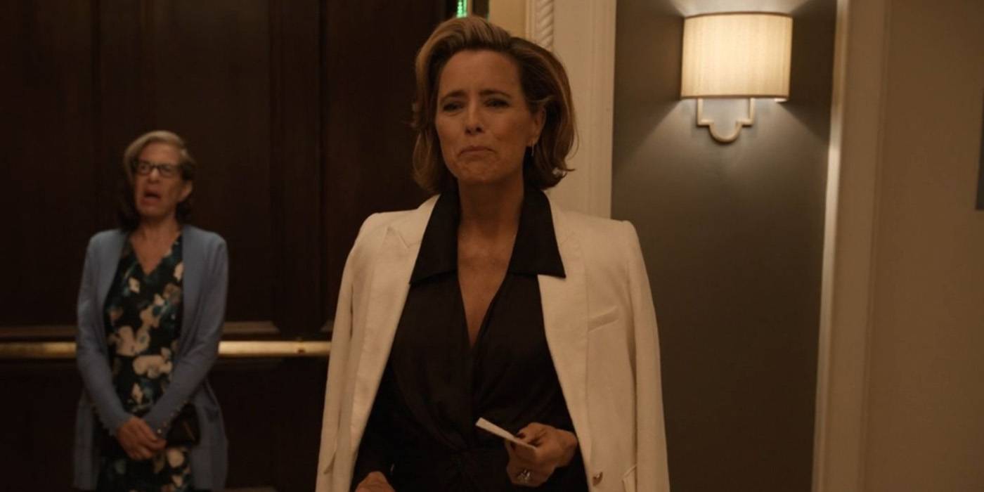 Sofia emerges from the elevator, Uma in the background inside the elevator in Only Murders in the Building.